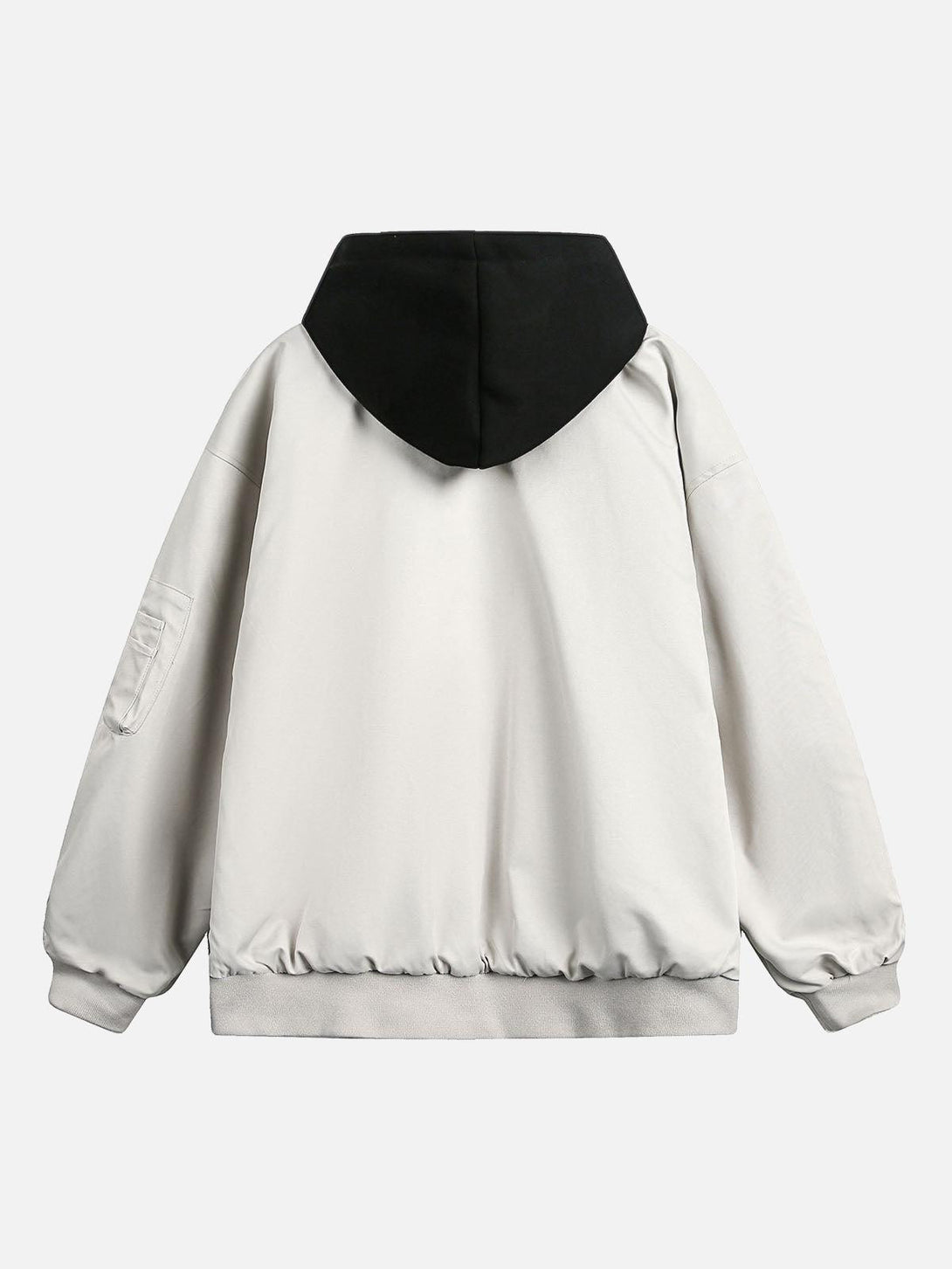 Back view of a TALISHKO hooded bomber jacket, featuring a contrasting black hood and relaxed fit.