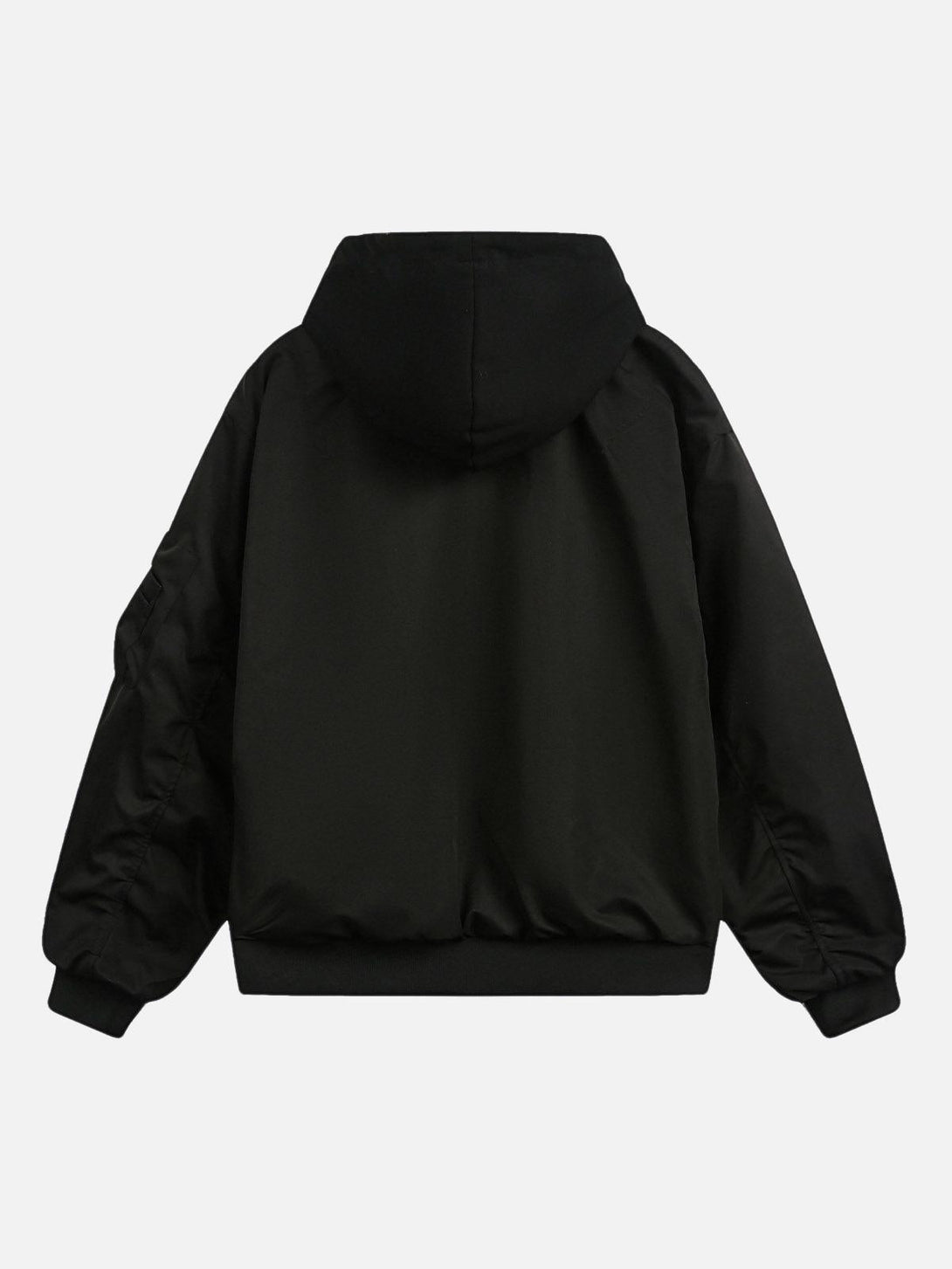 Back view of a black hooded bomber jacket by TALISHKO, highlighting its pleated spliced design.