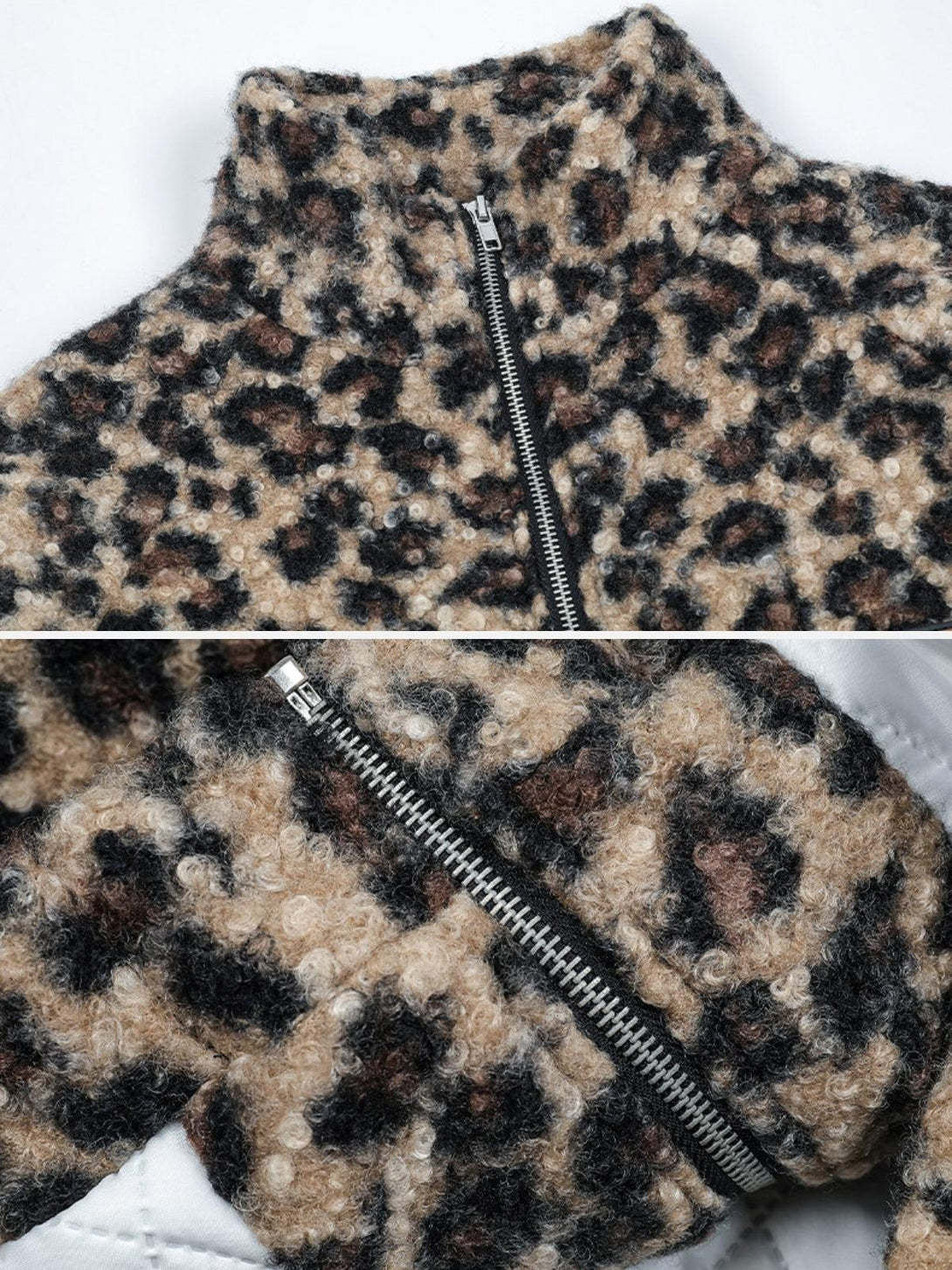 Intricate look at TALISHKO's fierce leopard jacket, emphasizing its textured pattern and zip detail.