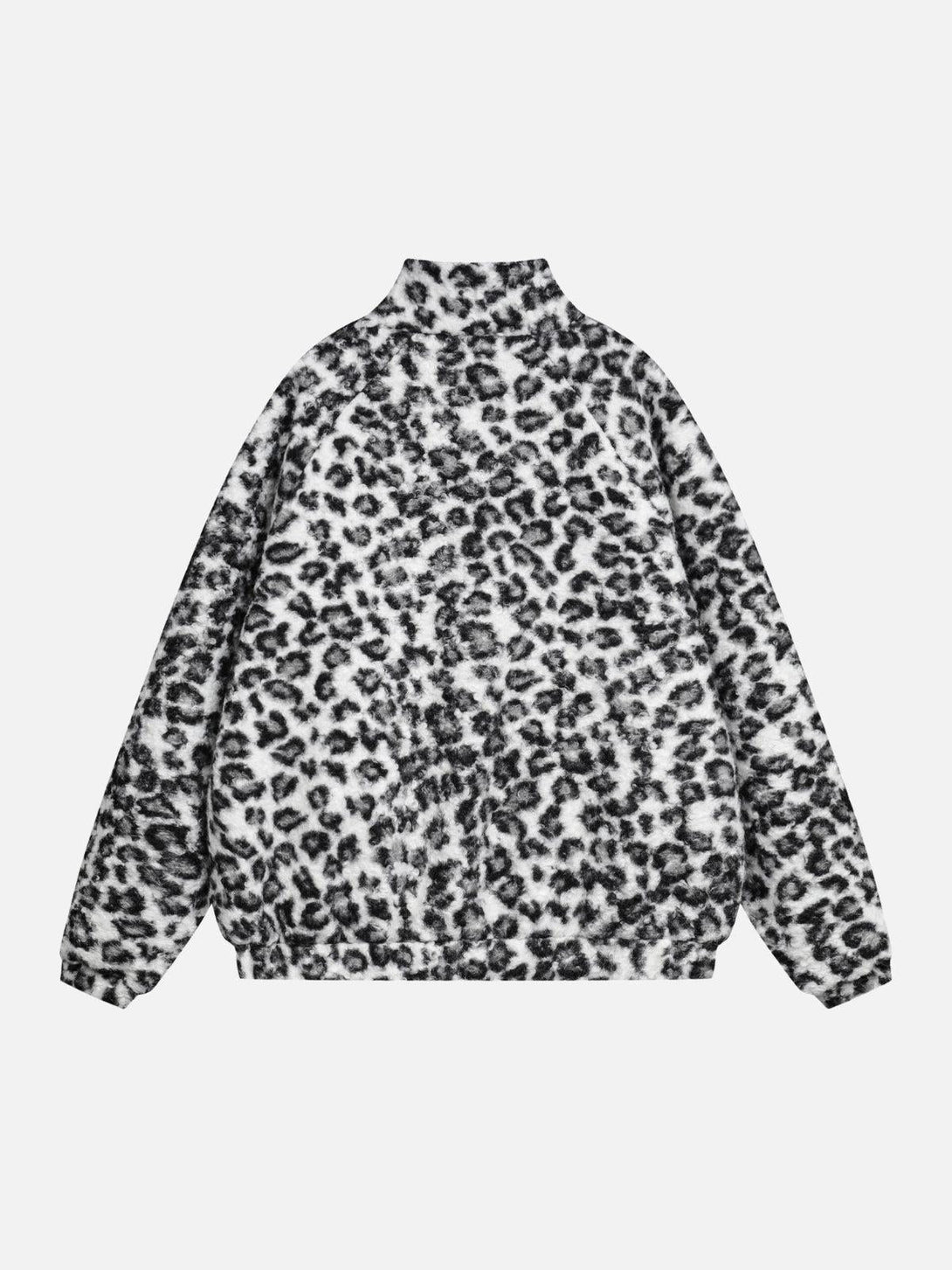 Back view of TALISHKO's fierce leopard jacket in a bold black and white pattern.
