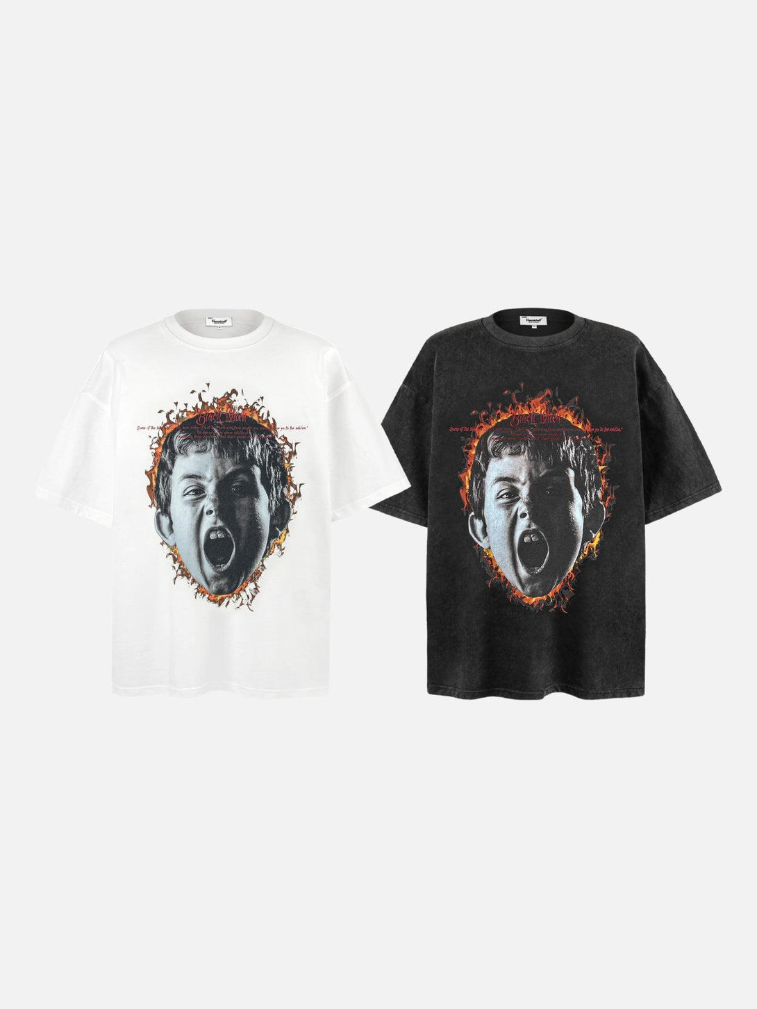 Vintage wash tees featuring fiery scream graphics, front view, by TALISHKO.