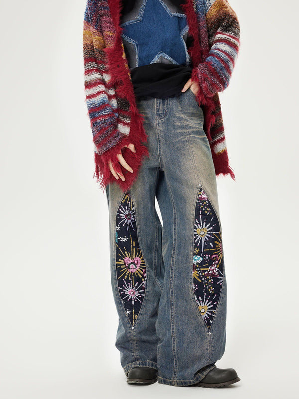 Colorful knit cardigan and star patch top paired with TALISHKO firework beadwork loose jeans.