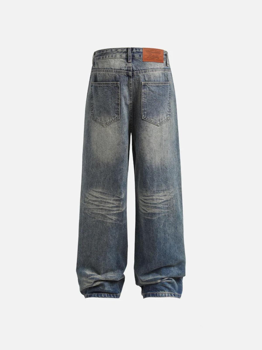 Back view of TALISHKO firework beadwork loose jeans showcasing distressed denim style.