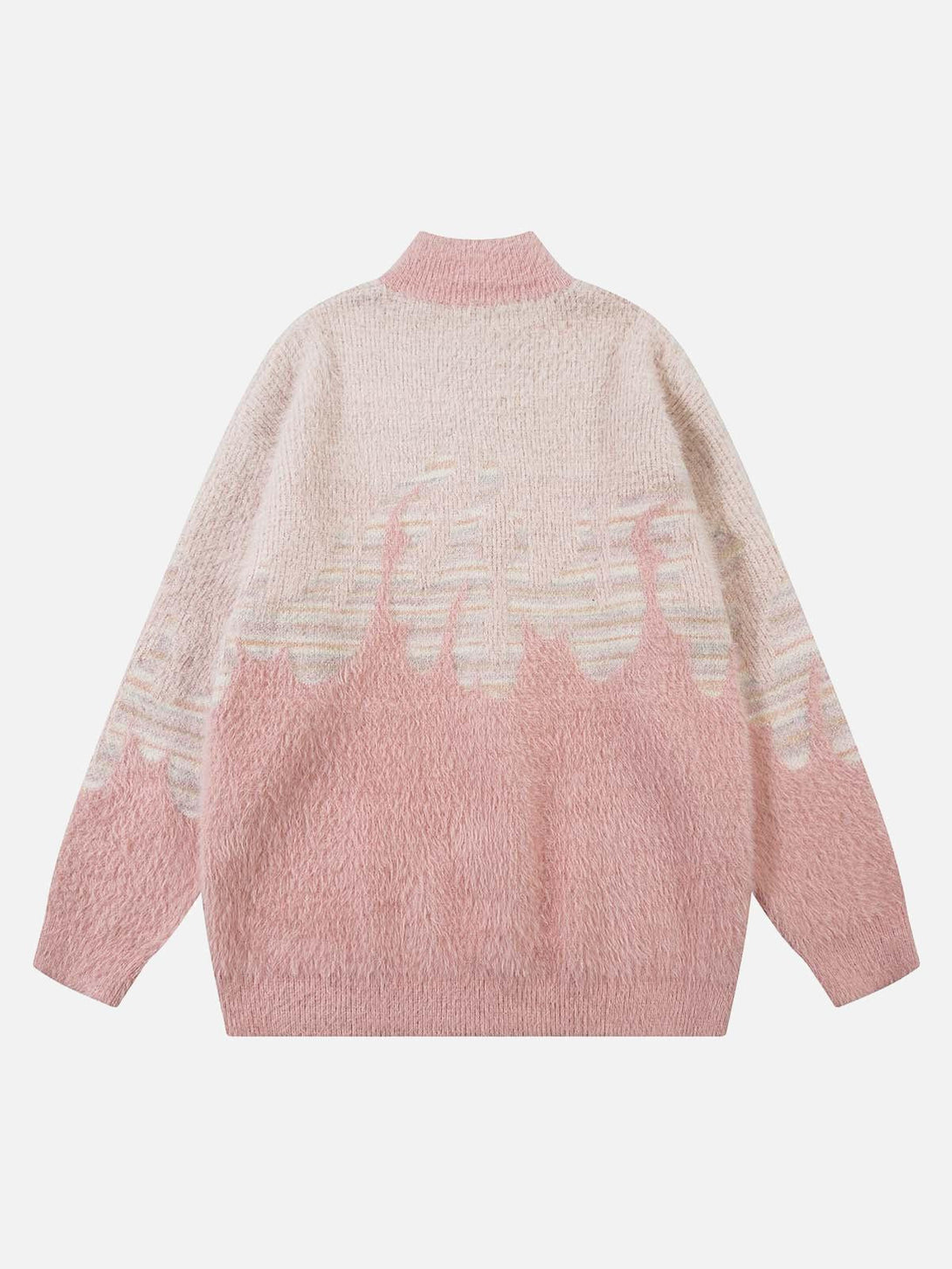 Back view of a pink fuzzy sweater with flame embroidery by TALISHKO, offering cozy style.