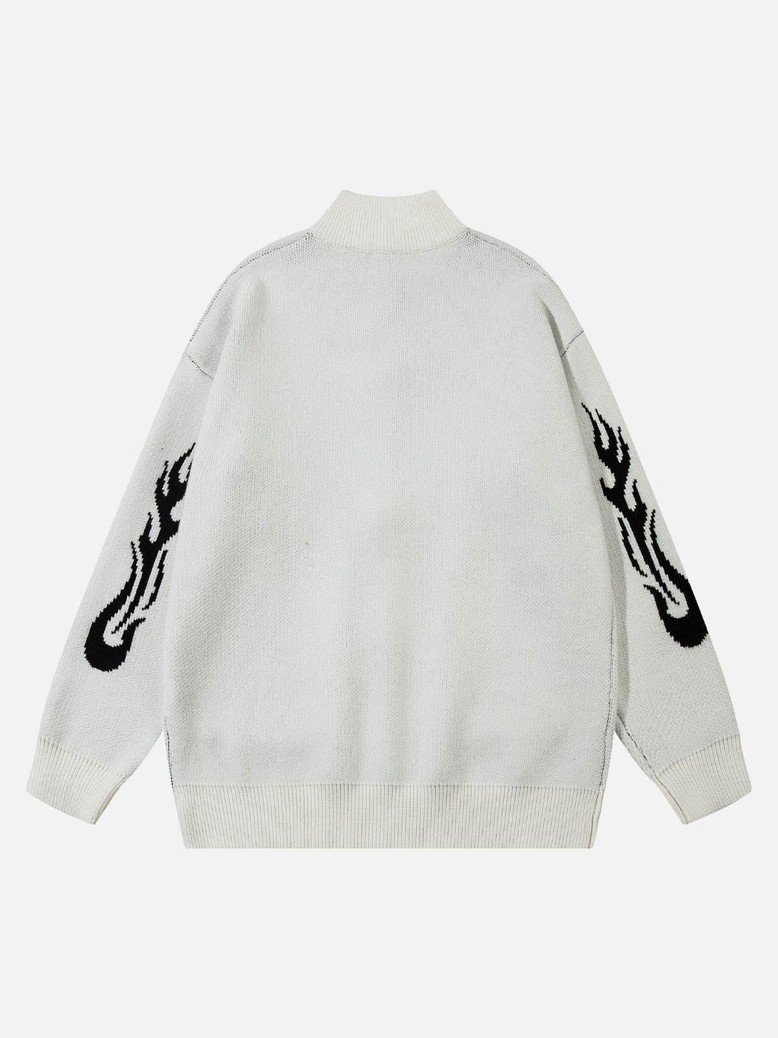 Back view of a white mock neck sweater by TALISHKO, featuring bold flame designs on the sleeves.