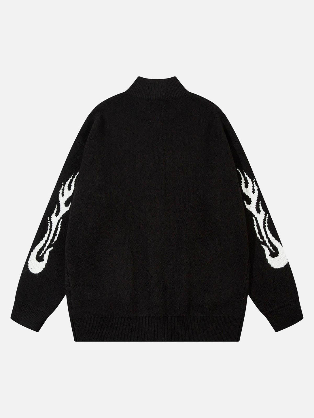 Back view of a black mock neck sweater by TALISHKO, showcasing flame designs on sleeves.