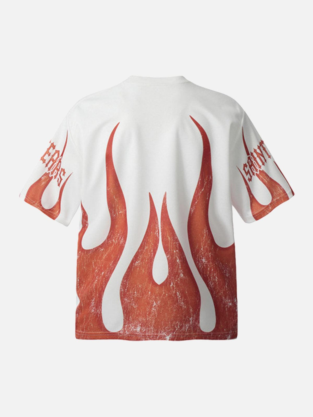Back view of TALISHKO flame graphic crew neck t-shirt, highlighting bold summer style.