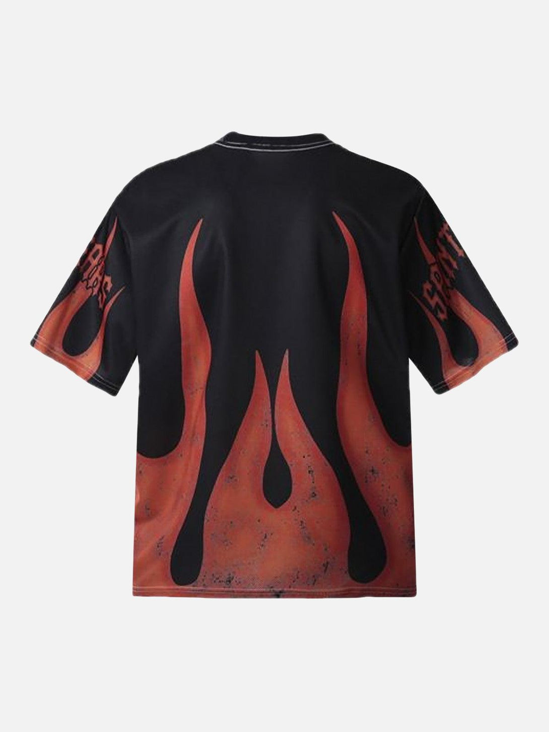 Back view of a bold flame graphic crew neck T-shirt by TALISHKO, perfect for casual wear.