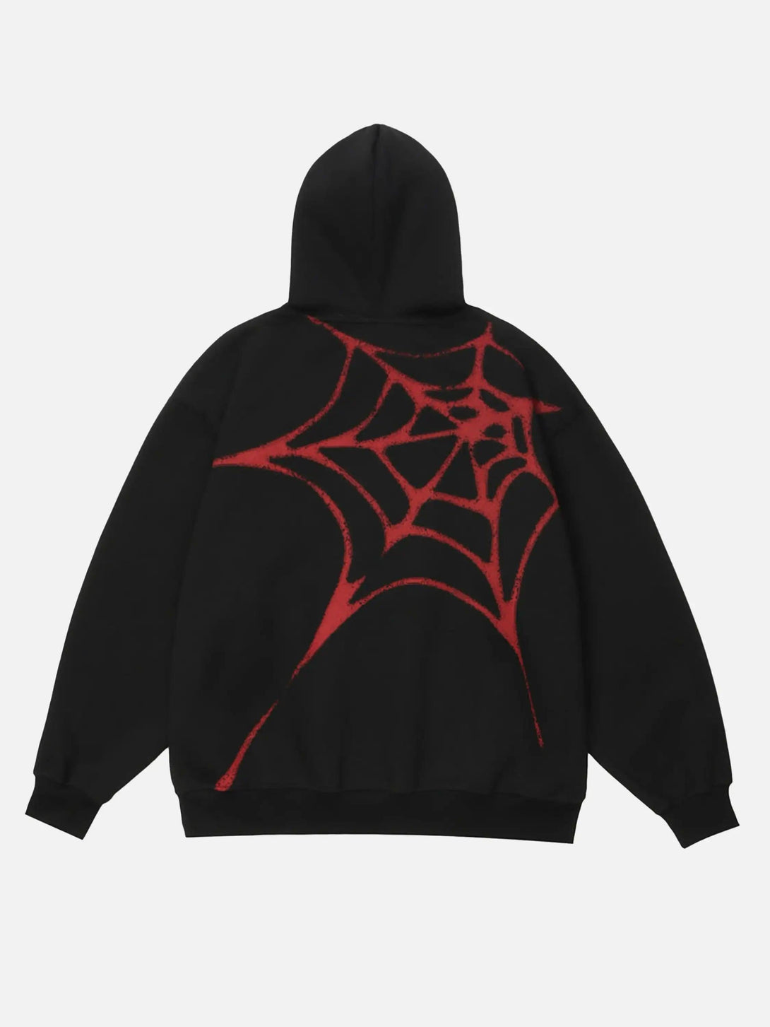 Back view of a black hoodie with a red spider web design by TALISHKO, showcasing unique style.