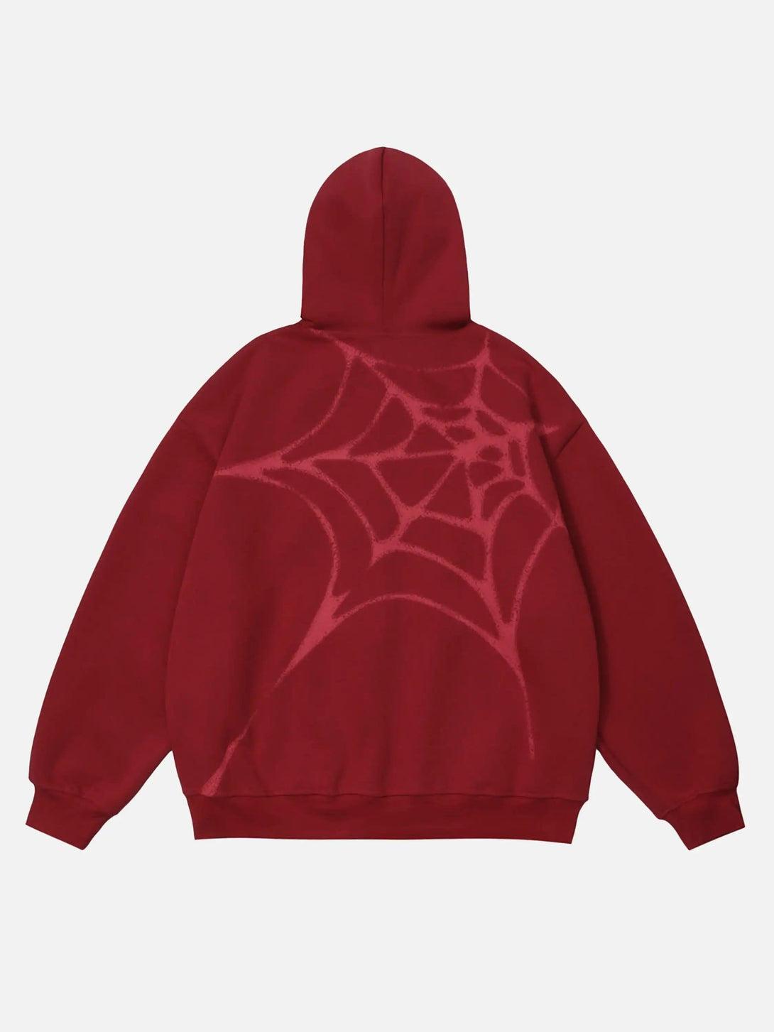 Back view of a red hoodie with a spider web design by TALISHKO, highlighting bold style.