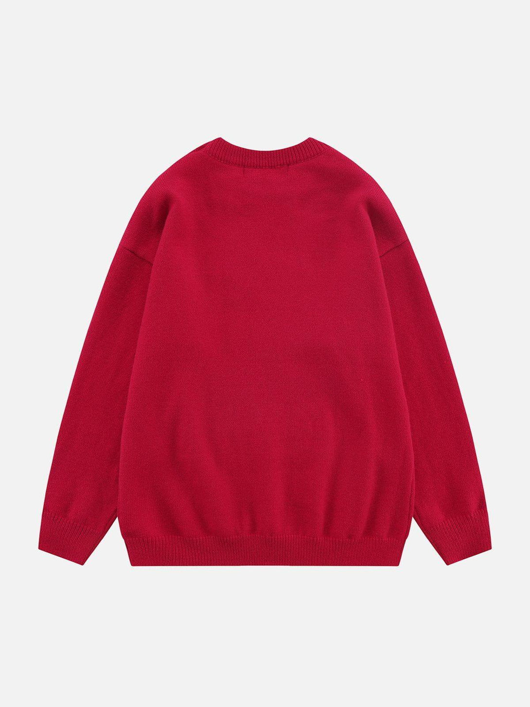 Back view of a red Flocking Bunny Sweater by TALISHKO, showcasing its cozy knit material.