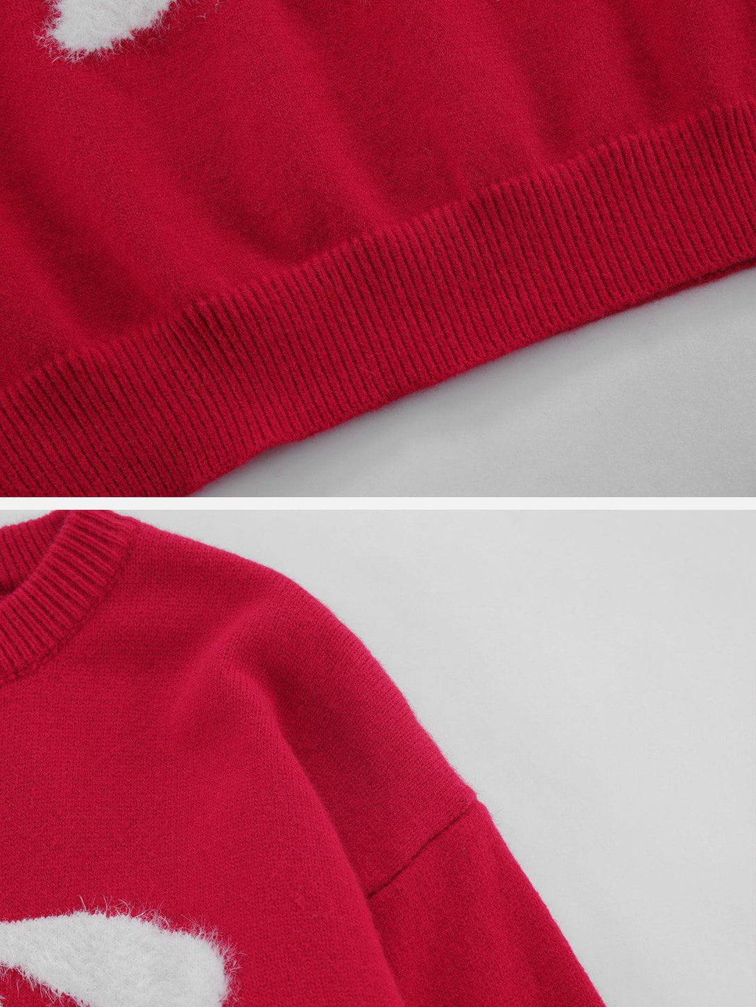 Focusing on TALISHKO's red sweater, highlighting ribbed hem and sleeve detail with soft texture.
