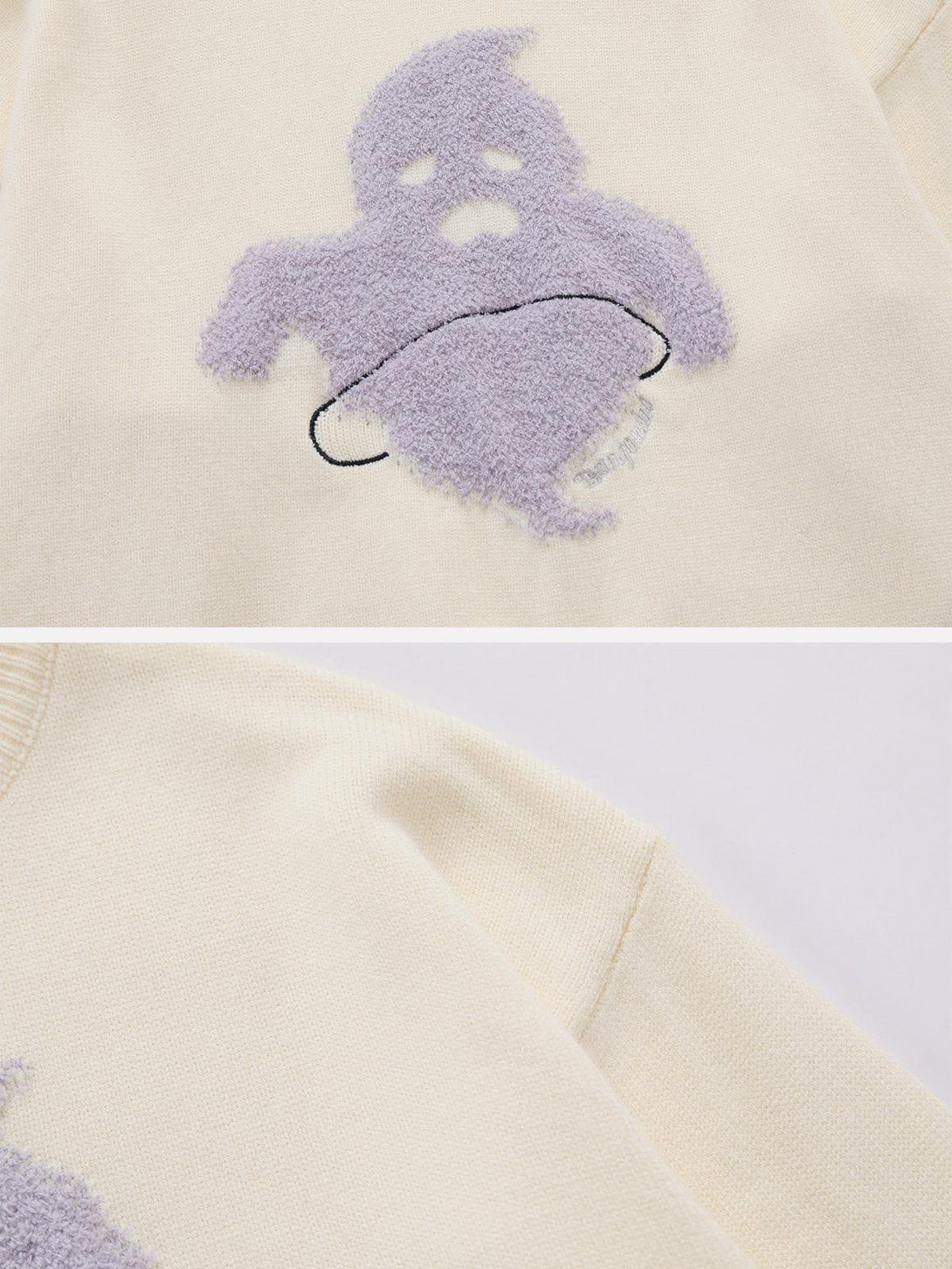 Intricate look at TALISHKO's Flocking Ghost Sweater, highlighting the playful ghost design detail.