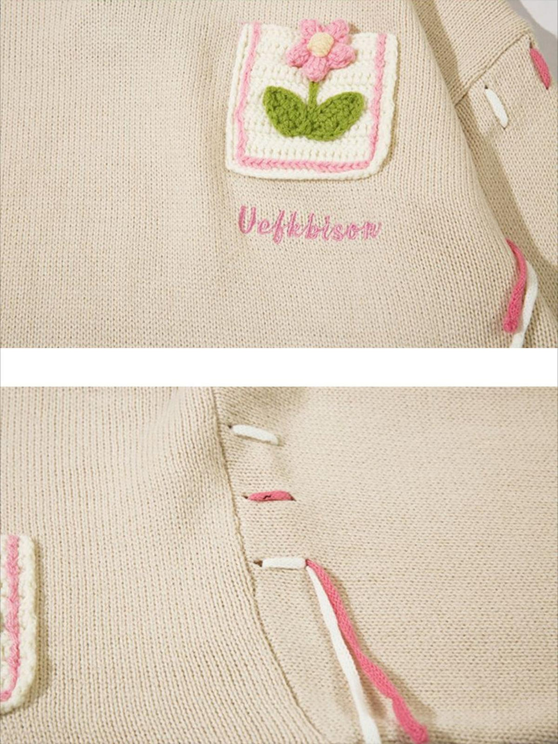 A close-up of the TALISHKO sweater highlights floral embroidery and unique stitching details.