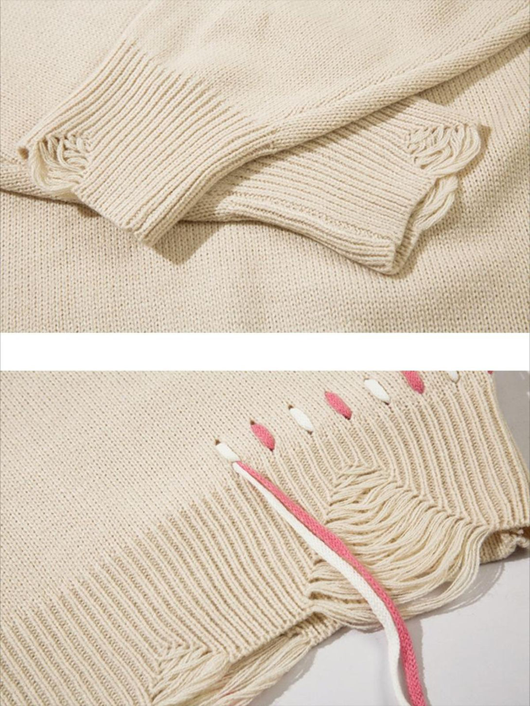 Intricate look at TALISHKO sweater cuffs and hem, showcasing unique fringe and lace details.