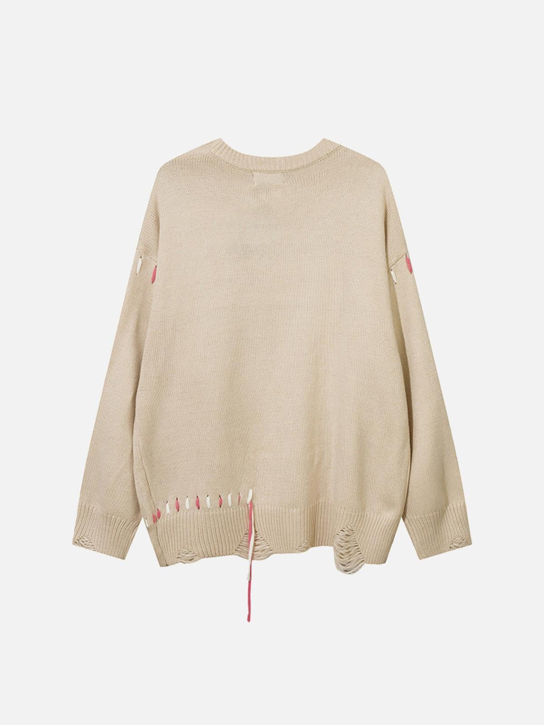 Back view of a beige crew neck sweater by TALISHKO, showcasing unique distressed details.