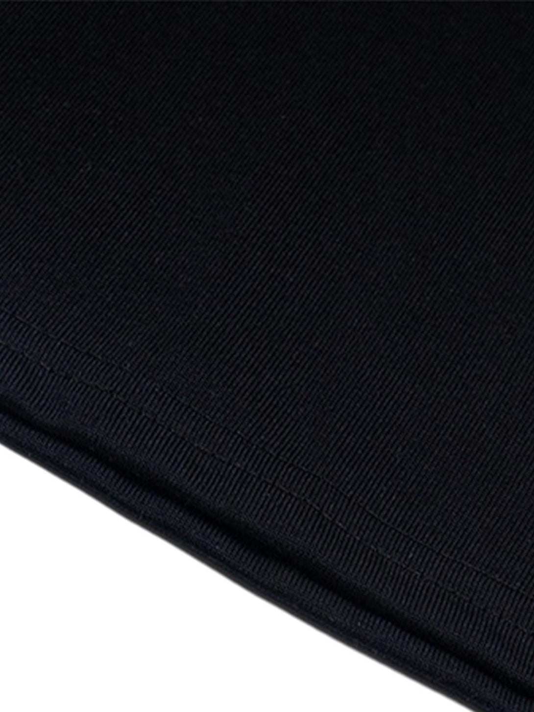 "Intricate look at the black fabric texture and stitching of TALISHKO T-shirt, emphasizing quality."