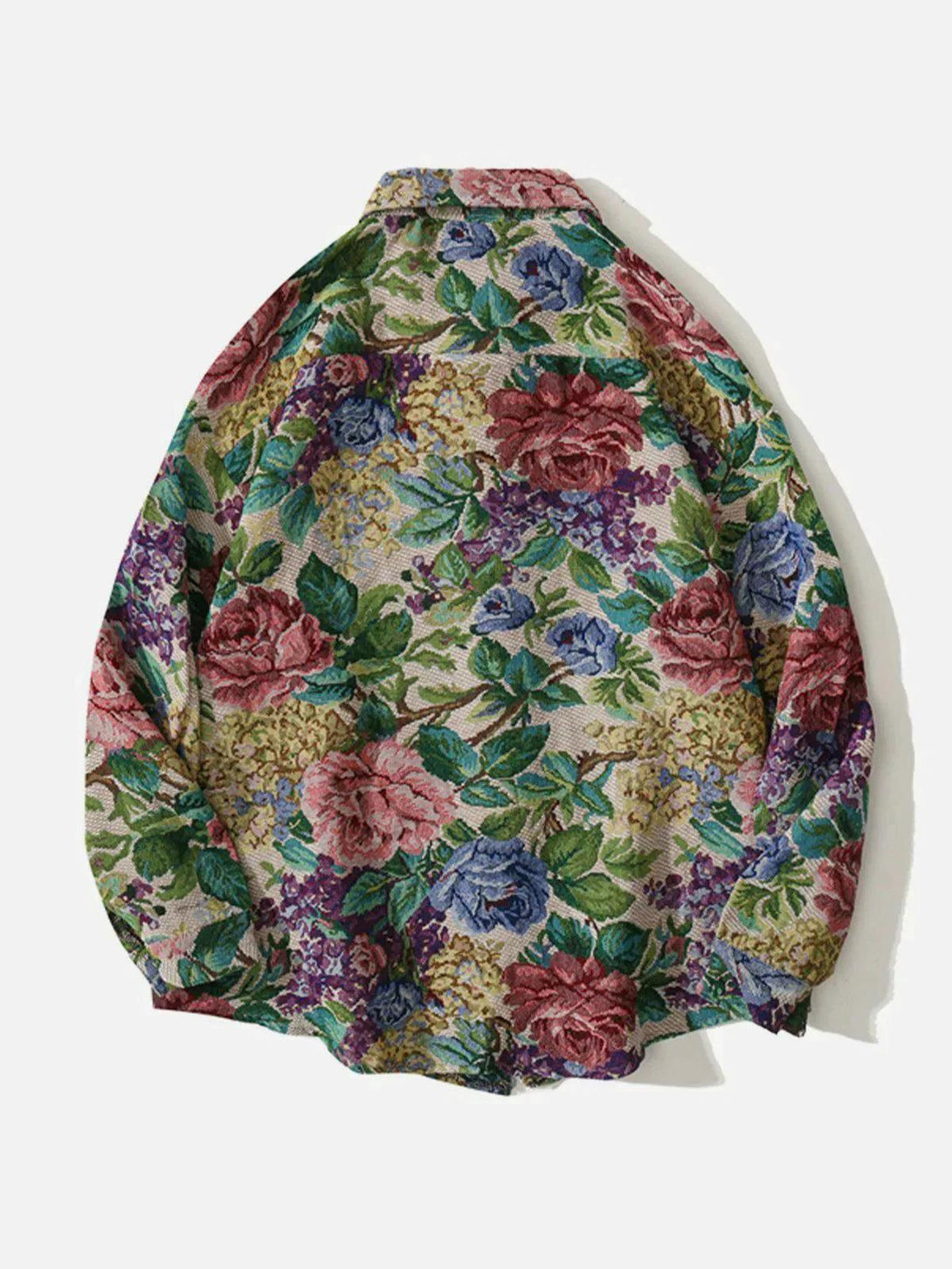 Back view of TALISHKO’s vibrant floral embroidered shirt with colorful blooms and leaves.