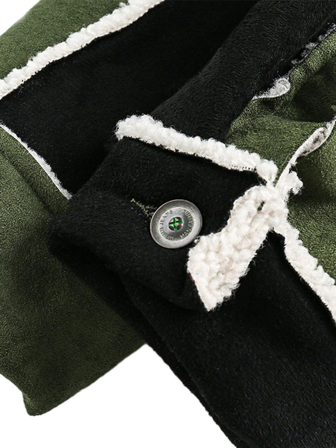 A detailed view of TALISHKO's suede fleece jacket, highlighting cozy fabric and stitching.