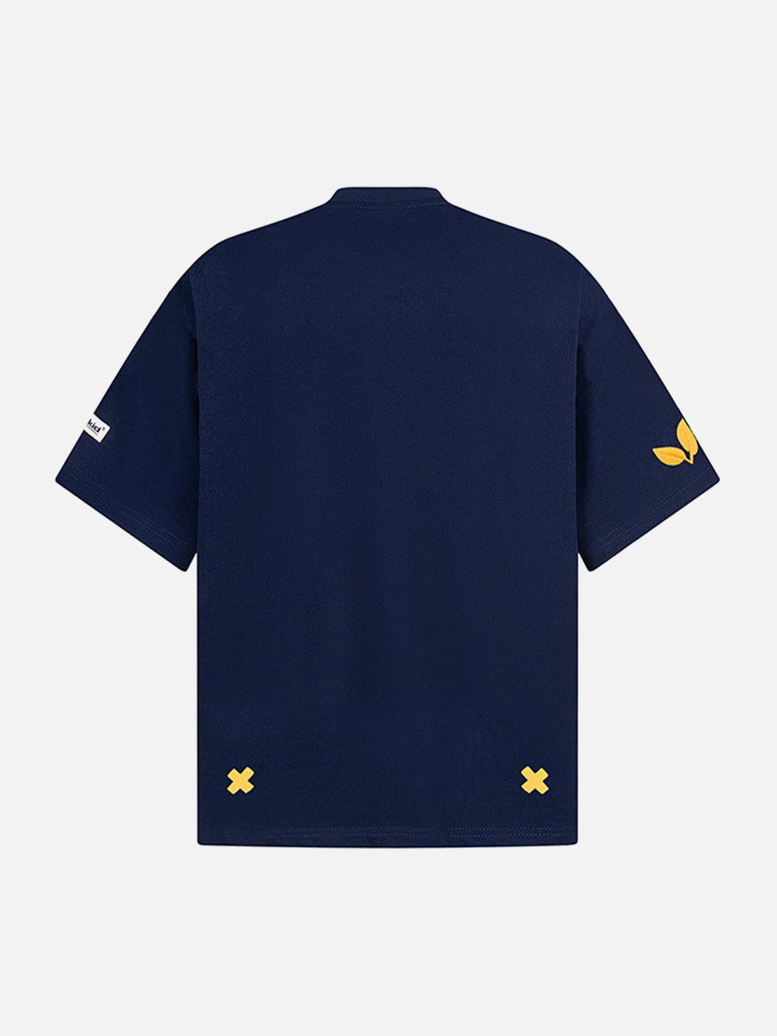 Back view of TALISHKO navy T-shirt with yellow accents on sleeves and hem, casual style.