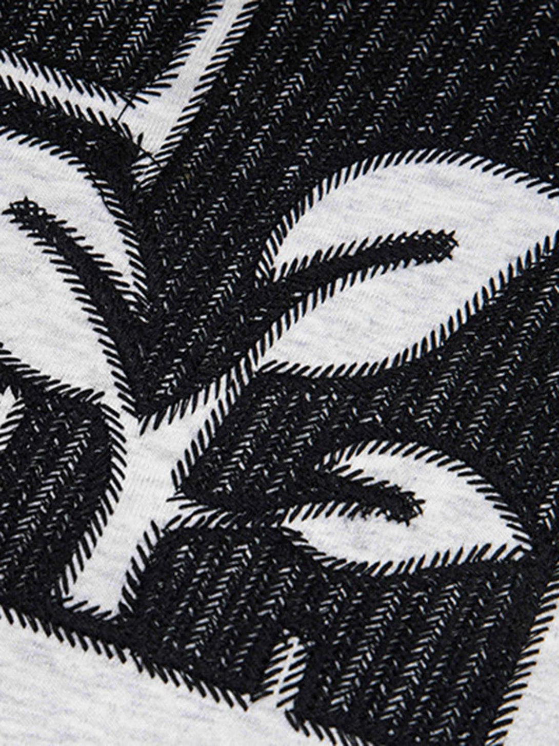 Intricate look at TALISHKO's floral graphic print, showcasing bold stitching detail.