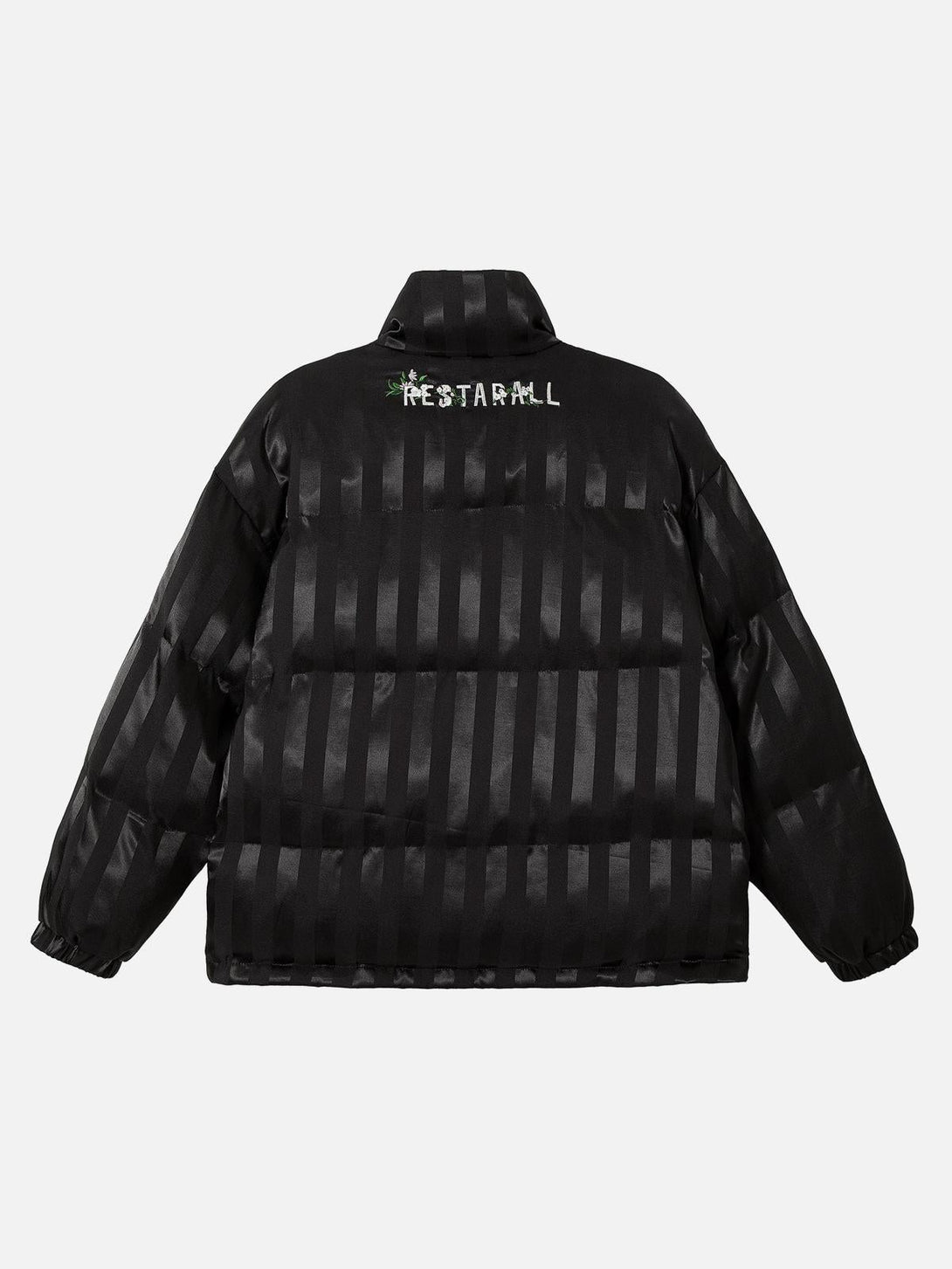 Back view of a black striped cotton coat by TALISHKO, showcasing floral letter embroidery.