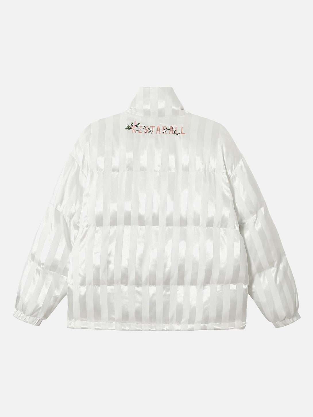 Back view of a white striped cotton coat by TALISHKO, featuring floral embroidery.