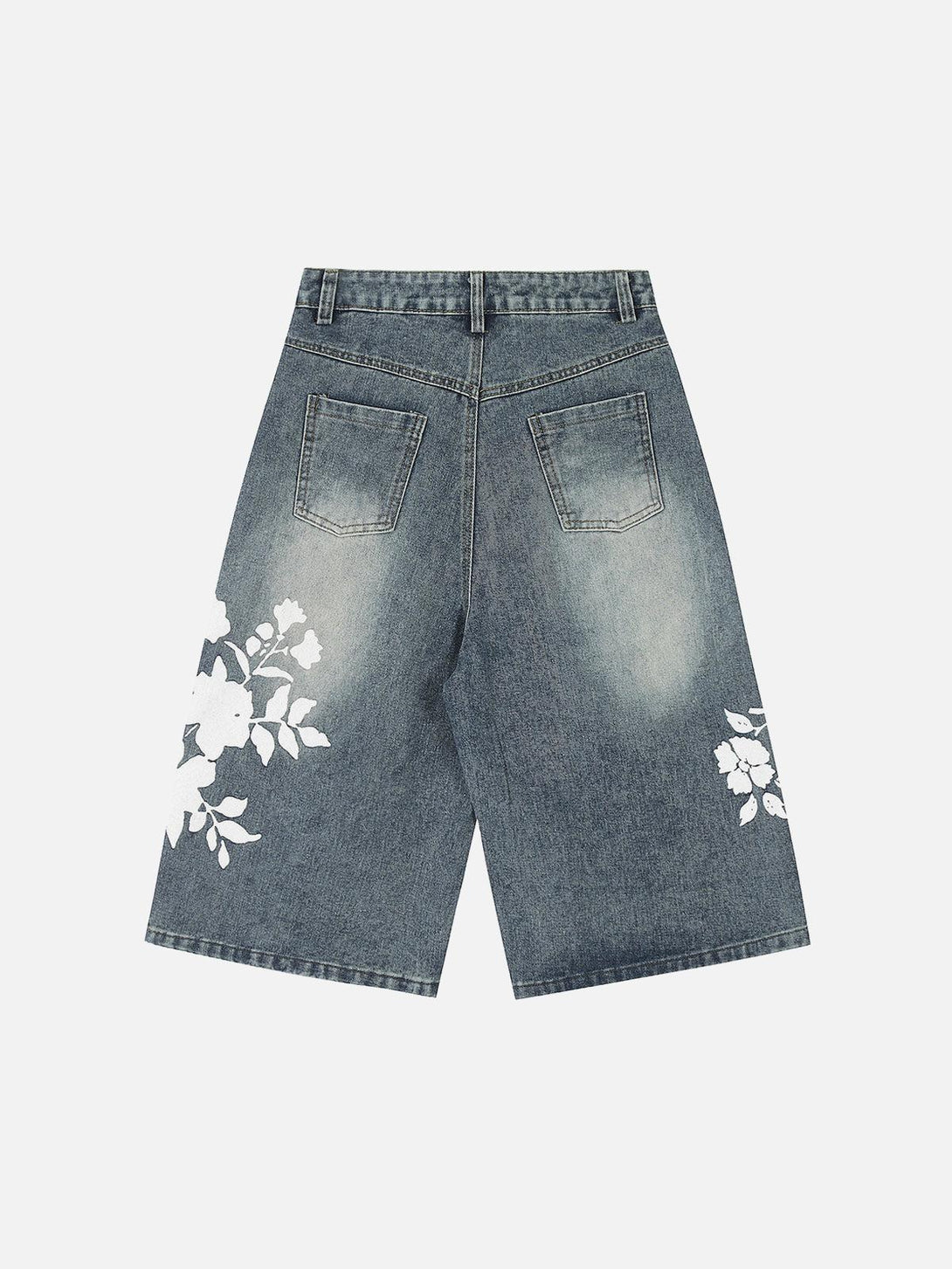 Back view of floral print denim shorts by TALISHKO, featuring a relaxed summer style.