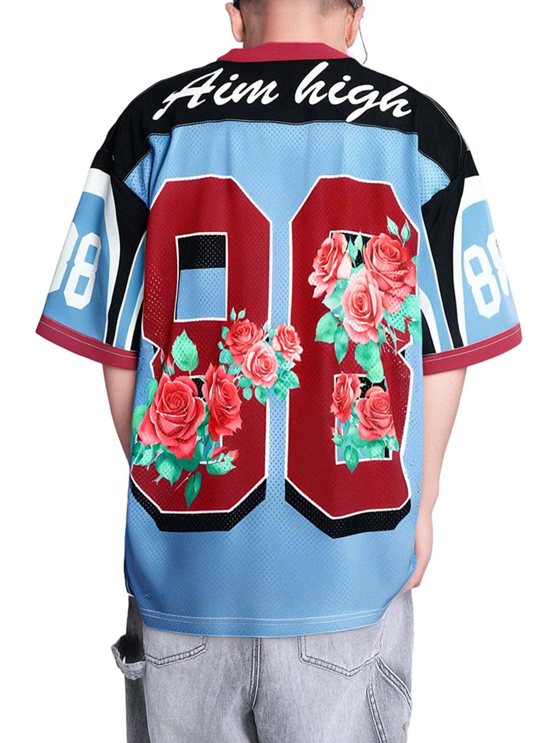 Rear view of TALISHKO's floral jersey, showcasing bold number design with rose accents.