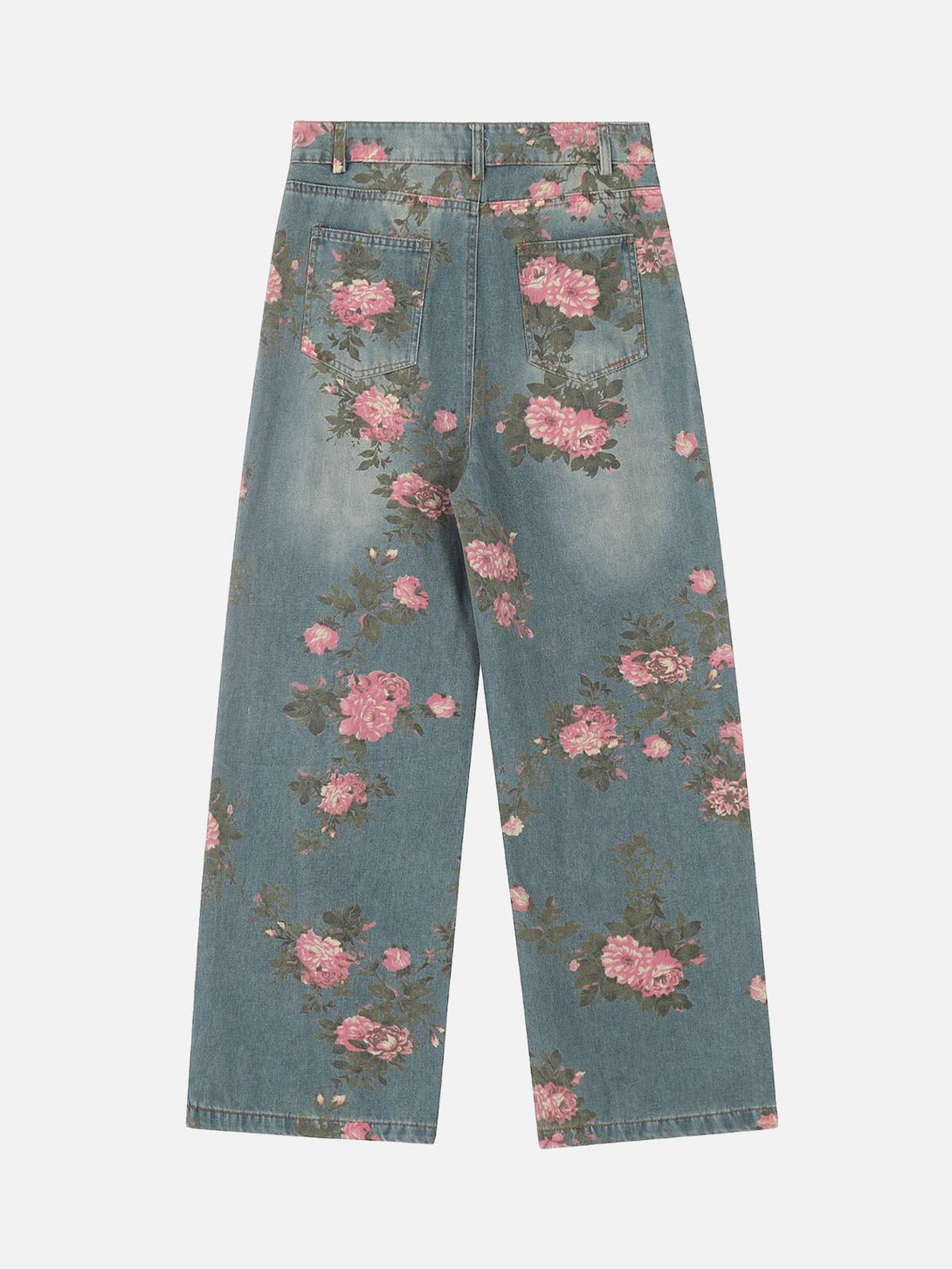Back view of floral print straight jeans by TALISHKO, perfect for a trendy casual look.