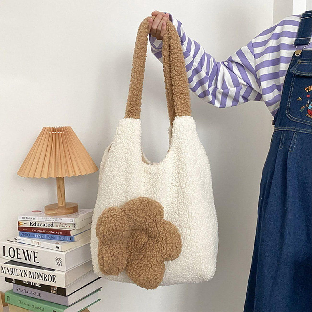 TALISHKO Flower Sherpa Bag with brown floral detail, adding a cozy accent to casual outfits.