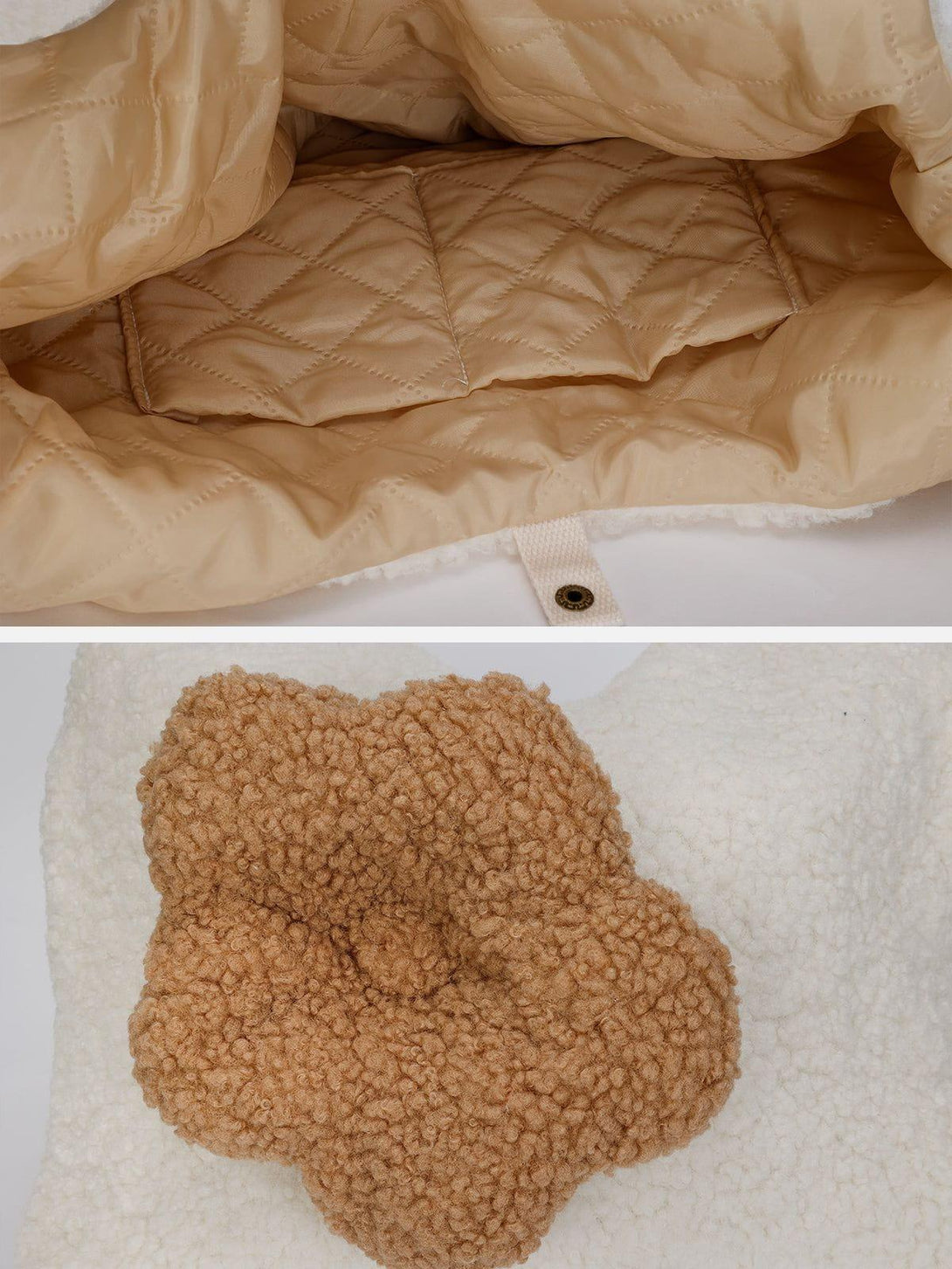 A detailed view of the TALISHKO Flower Sherpa Bag's quilted interior and plush floral texture.
