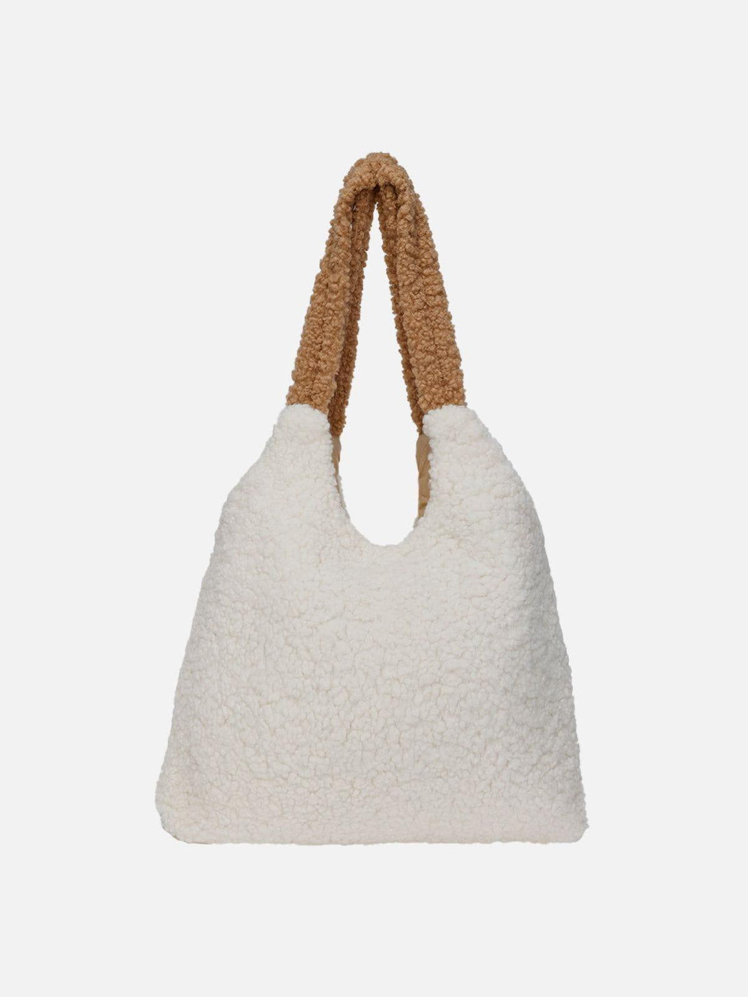 TALISHKO Flower Sherpa Bag with textured white and brown fabric, ideal for cozy styling.