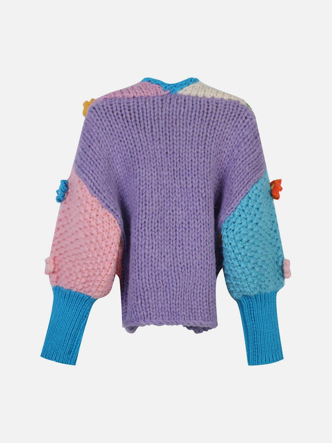 Back view of TALISHKO's colorful cardigan with floral embroidery and cozy oversized sleeves.
