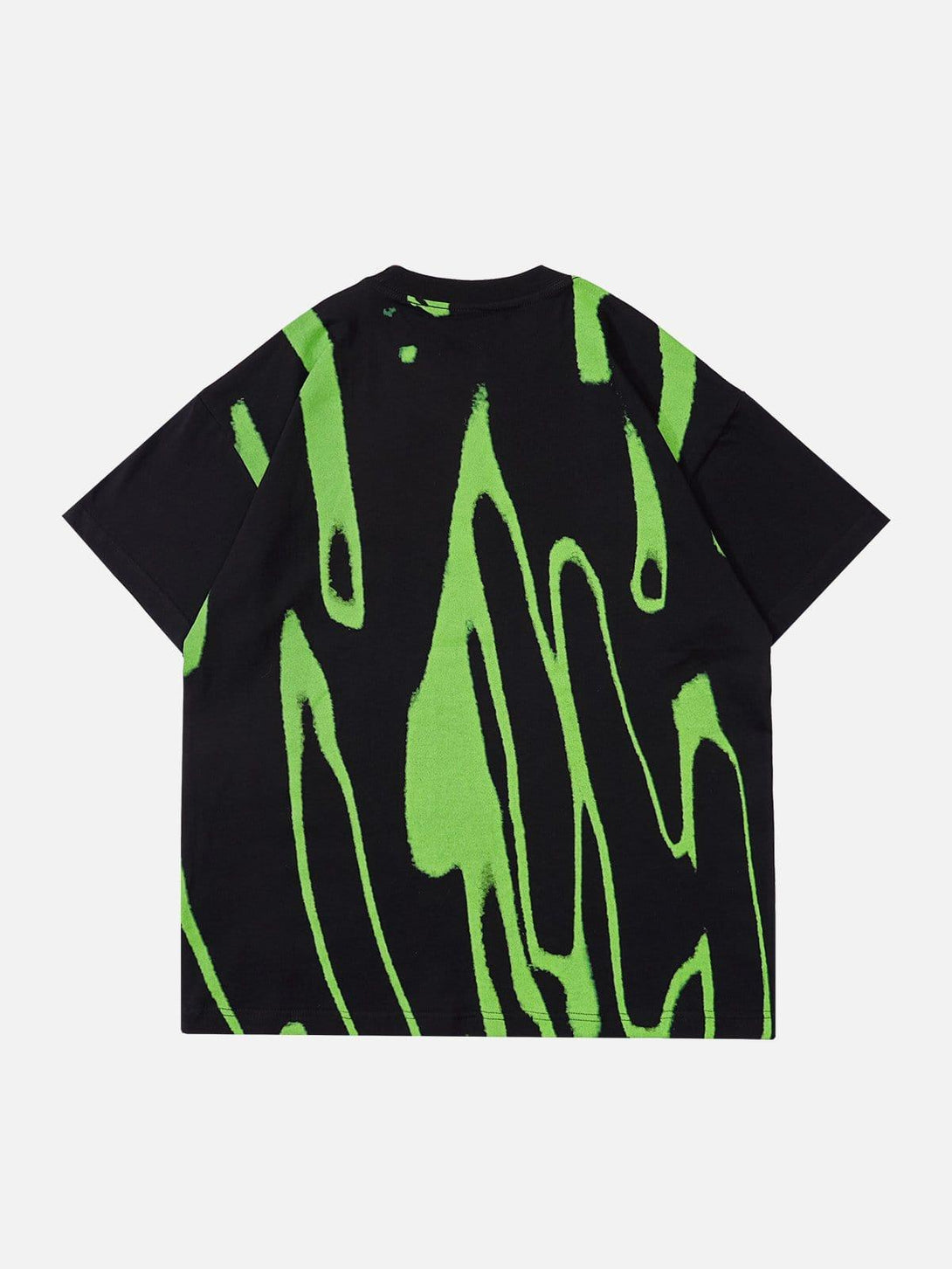 Back view of a black tee with fluorescent green patterns by TALISHKO, adding a bold touch.
