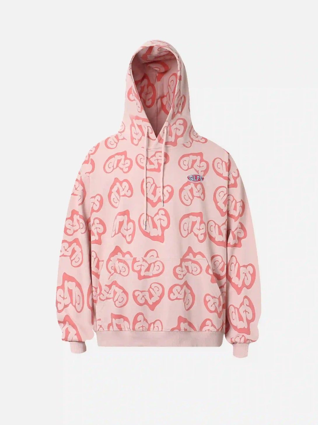 Front view of a pink Foam Heart Hoodie by TALISHKO, showcasing playful graphic patterns.