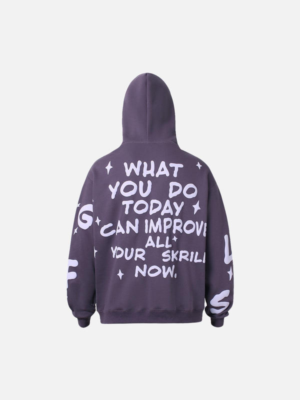 Rear view of a Foam Letter Hoodie by TALISHKO featuring bold white text on a dark background.