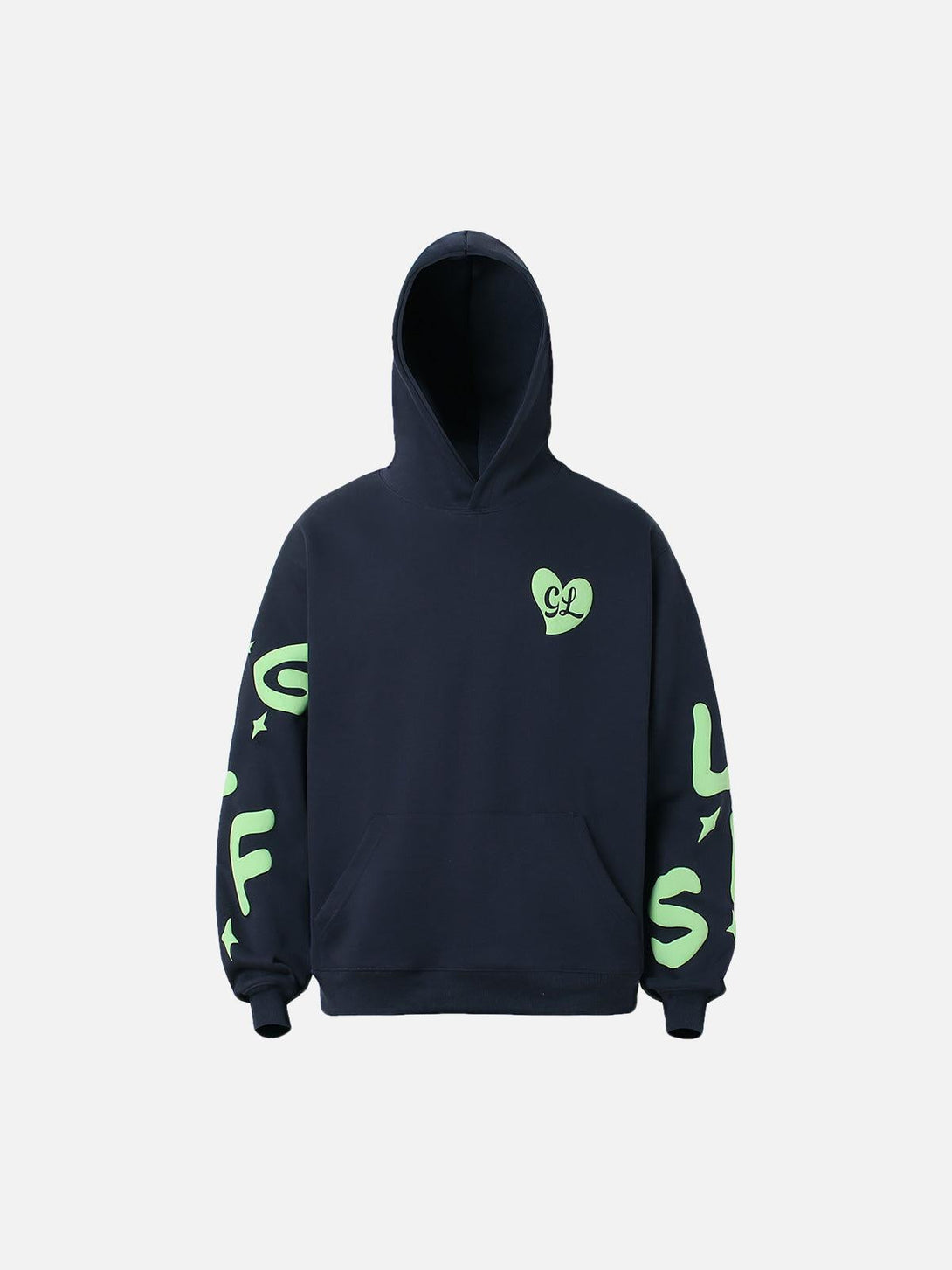 TALISHKO Foam Letter Hoodie in navy with bold green lettering on sleeves, front view.
