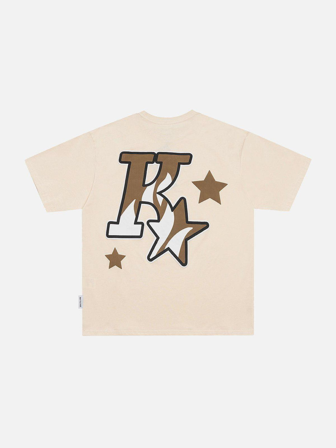Back view of beige tee with bold "K" and star graphics by TALISHKO, great for casual wear.