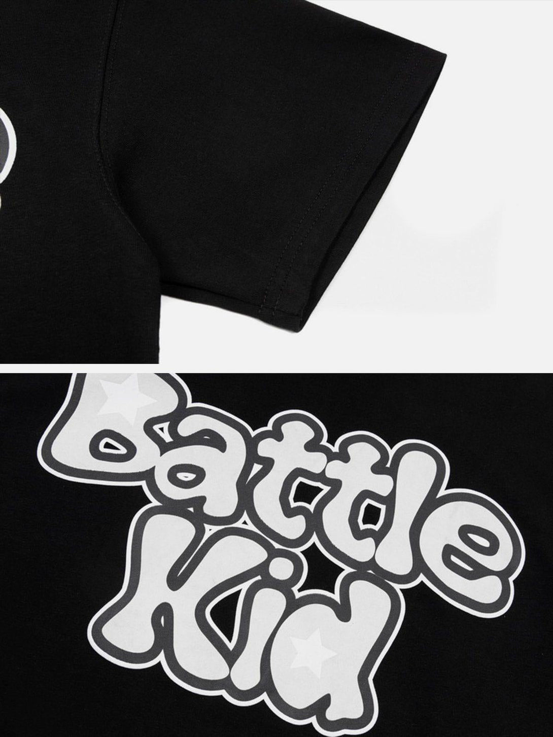 Zoomed-in view of TALISHKO black tee sleeve and bold "Battle Kid" graphic, highlighting playful style.