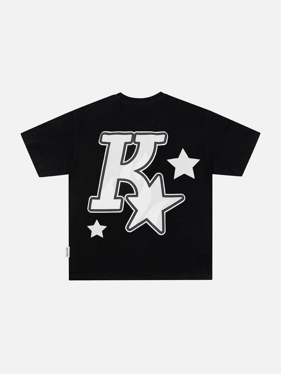 Back view of TALISHKO black tee featuring a bold "K" and star graphics, perfect for casual style.