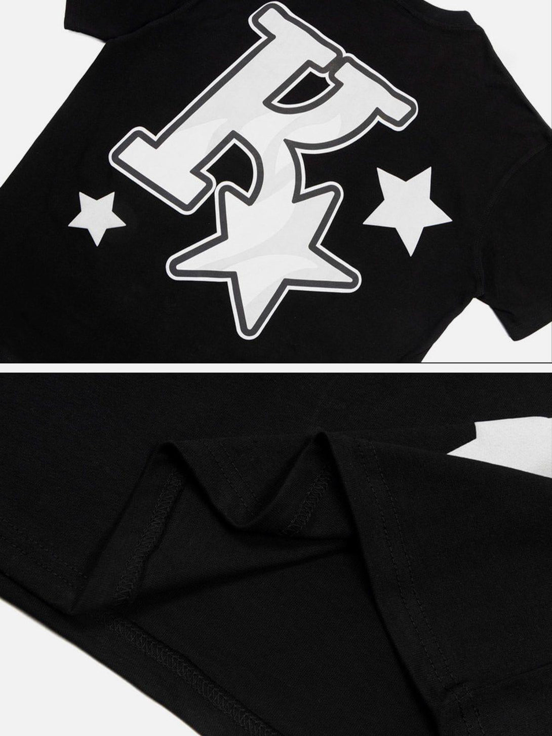 Back view of TALISHKO black foam printing star tee, featuring bold star and "K" graphics.