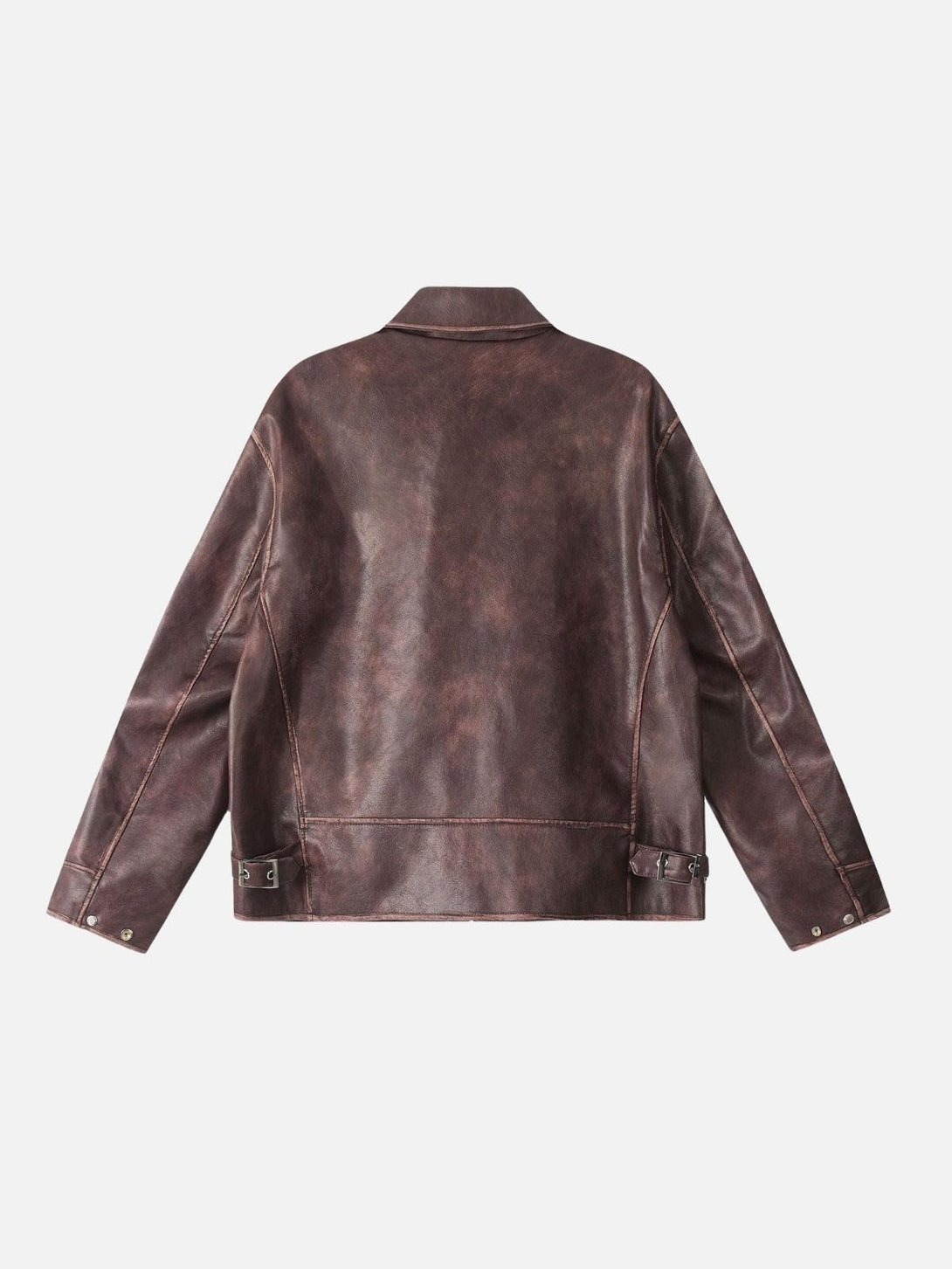 Back view of TALISHKO's washed faux leather jacket, featuring adjustable side buckles.