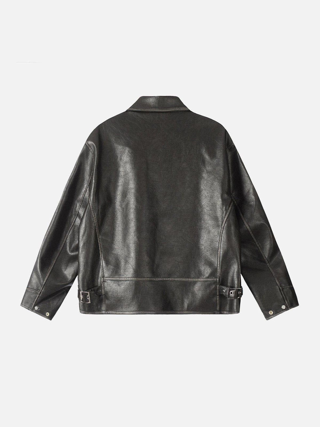 Back view of a TALISHKO faux leather jacket, highlighting its sleek and structured design.