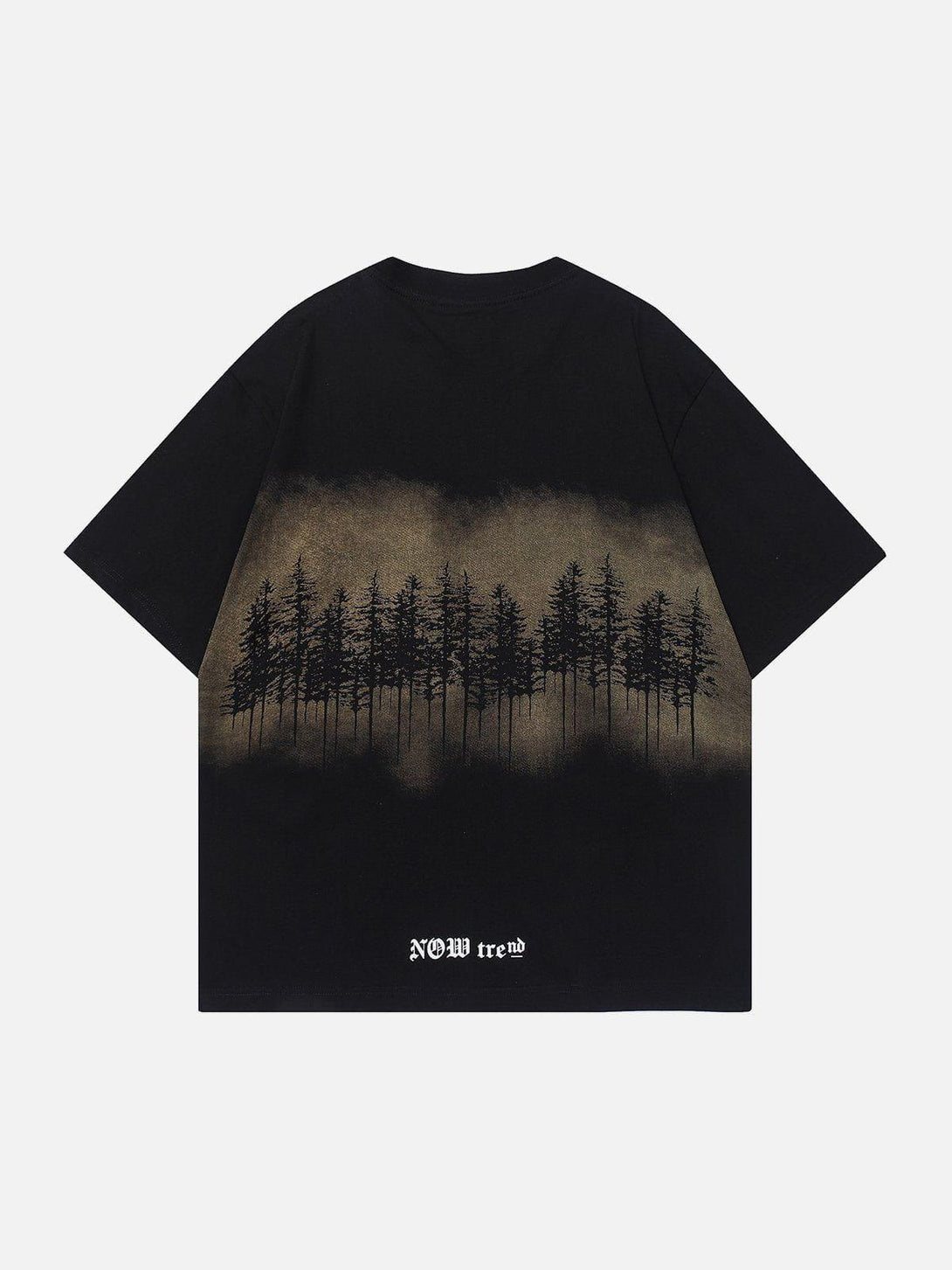 Back view of TALISHKO tee with forest inkjet print, capturing a tranquil nature scene.