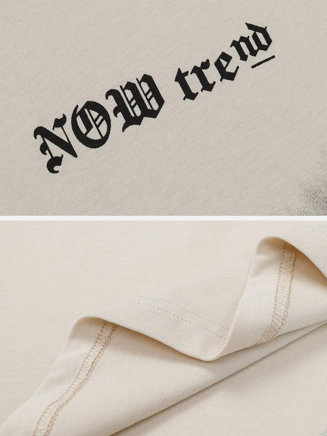 Detailed look at TALISHKO tee's "Now trend" print and fabric texture, showcasing casual style.