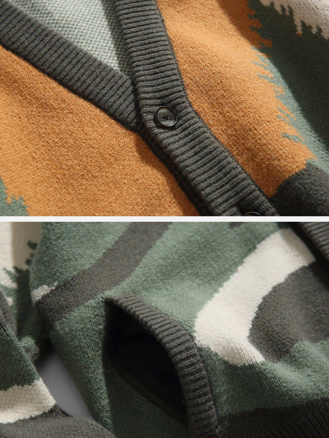 Intricate look at the TALISHKO Forest Sunrise Cardigan, highlighting its detailed texture and pattern.