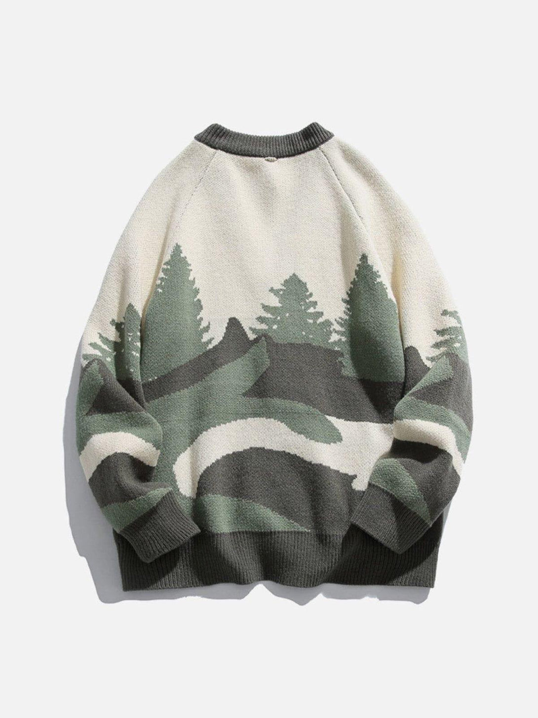 Back view of a forest sunrise cardigan by TALISHKO, showcasing a serene nature pattern.