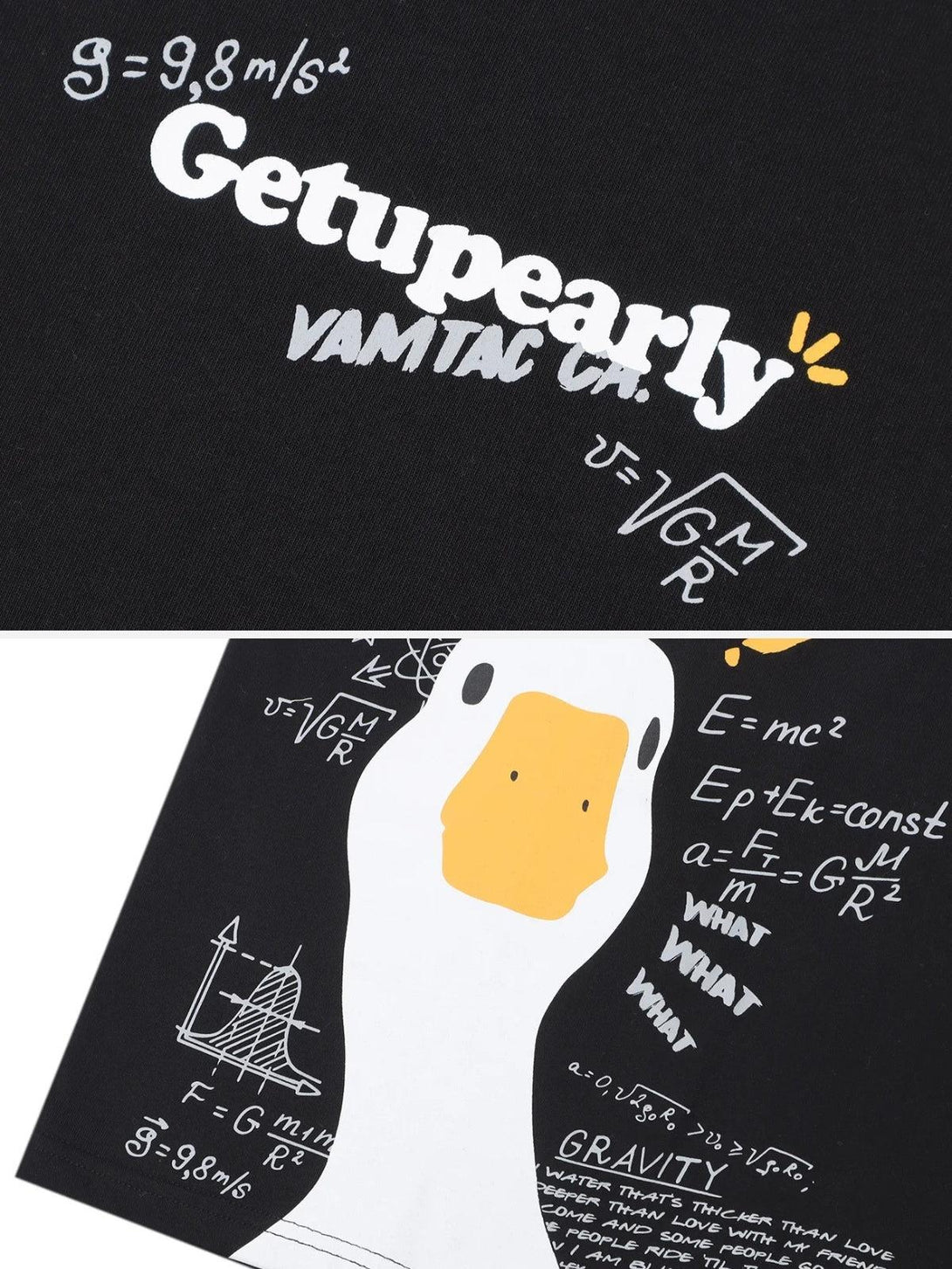 Black graphic tee featuring quirky duck and formula design by TALISHKO, perfect for casual wear.