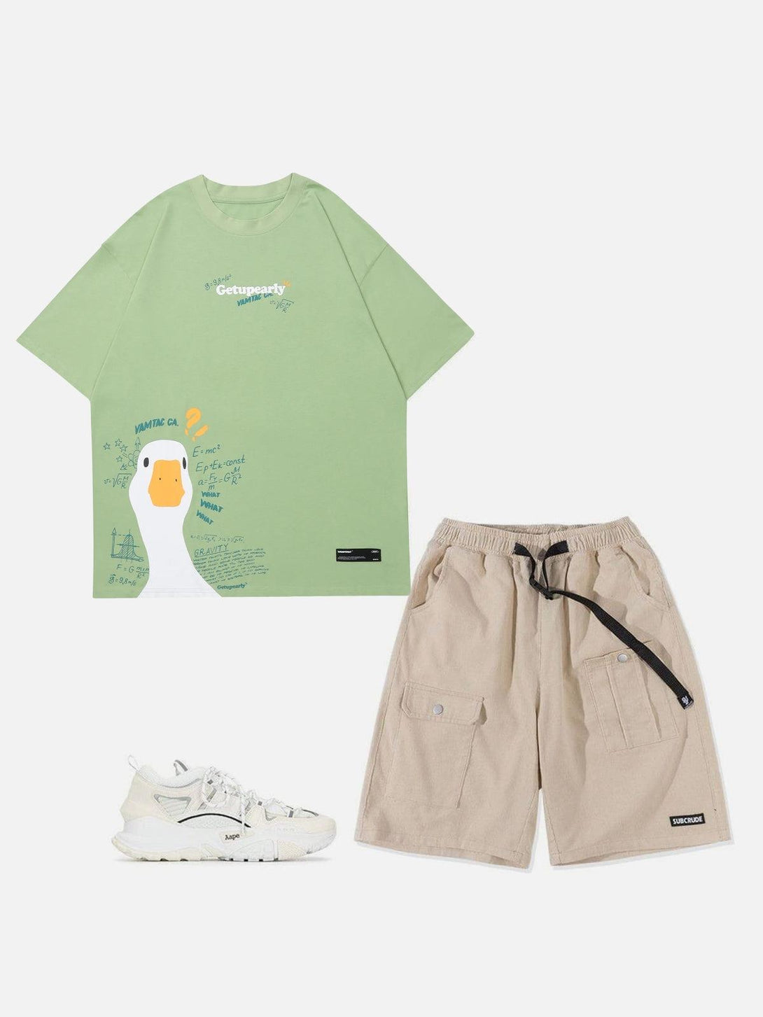 Casual summer outfit with TALISHKO duck graphic tee, beige cargo shorts, and white sneakers.